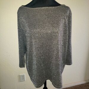August Silk 2X Silver Shimmery Metallic Silk Blend 3/4 Sleeve Top